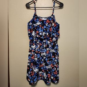 Blue and Orange Floral Spaghetti Flowy Layer Dress